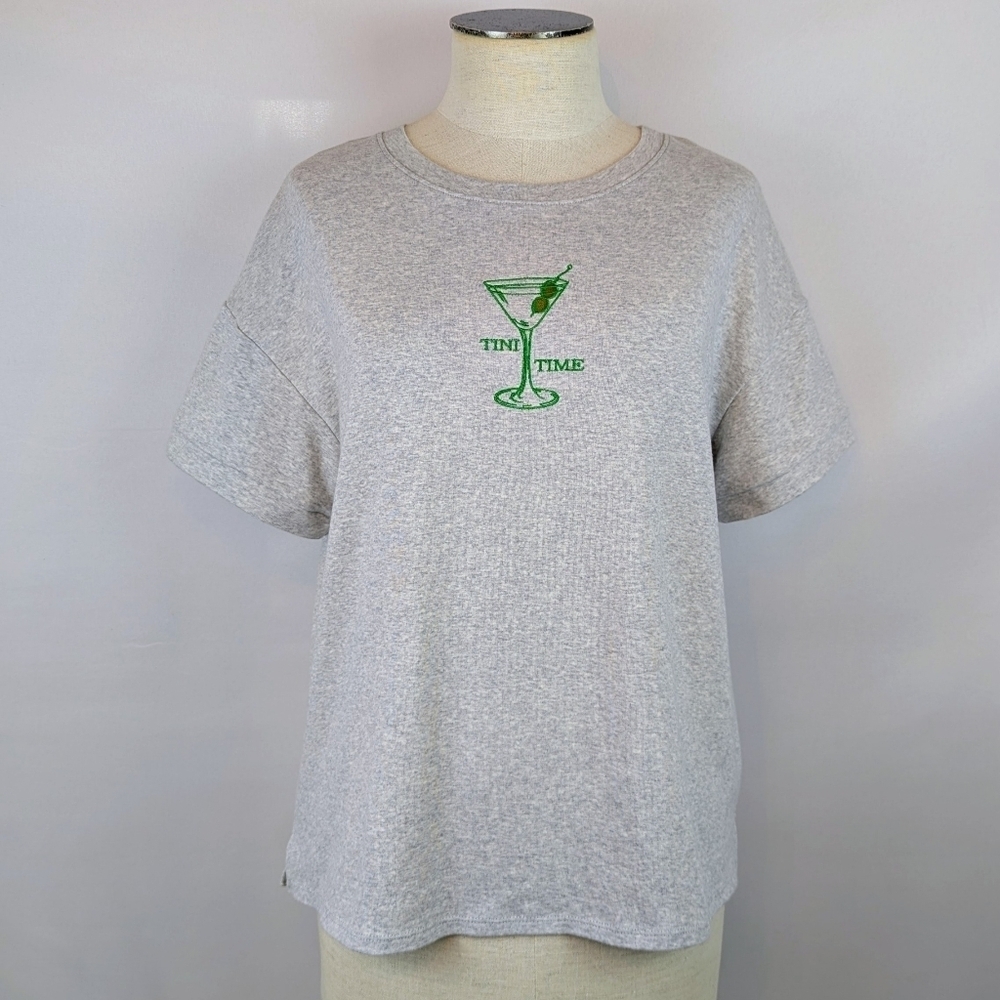 Green Envelope Tini Time Embroidered Martini Tee Short Sleeve Grey M NWOT